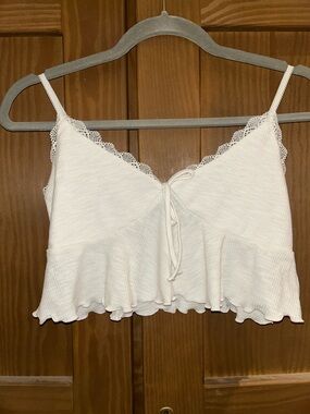 Garage White Ribbed Lace-Trim Tank Top